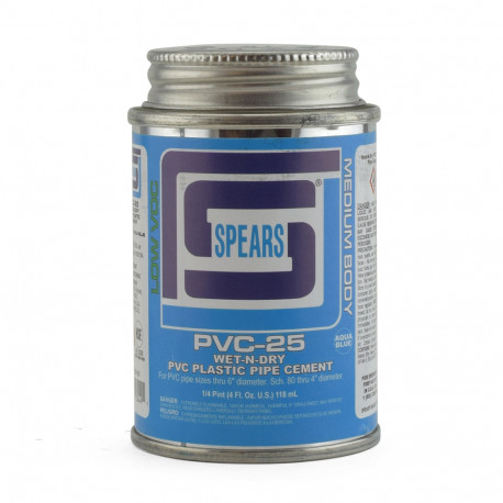 4 oz (1/4 pint) Wet-N-Dry Primerless PVC Cement w/ Dauber, Med Body, Very-Fast Set, Aqua Blue Spears