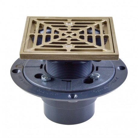 Square PVC Shower Tile/Pan Drain w/ Brushed Bronze Strainer, 2" Hub x 3" Inside Fit (less test plug) Sioux Chief