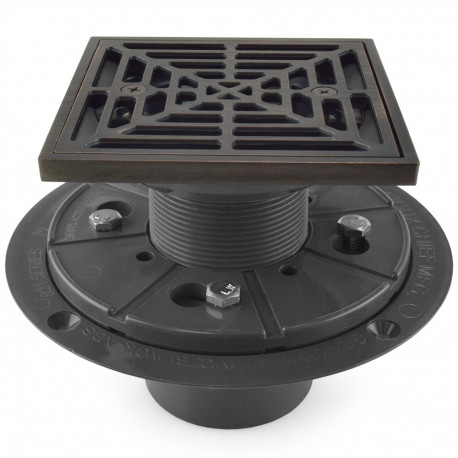 Square PVC Shower Tile/Pan Drain w/ Oil Rubbed Bronze Strainer, 2" Hub x 3" Inside Fit Sioux Chief